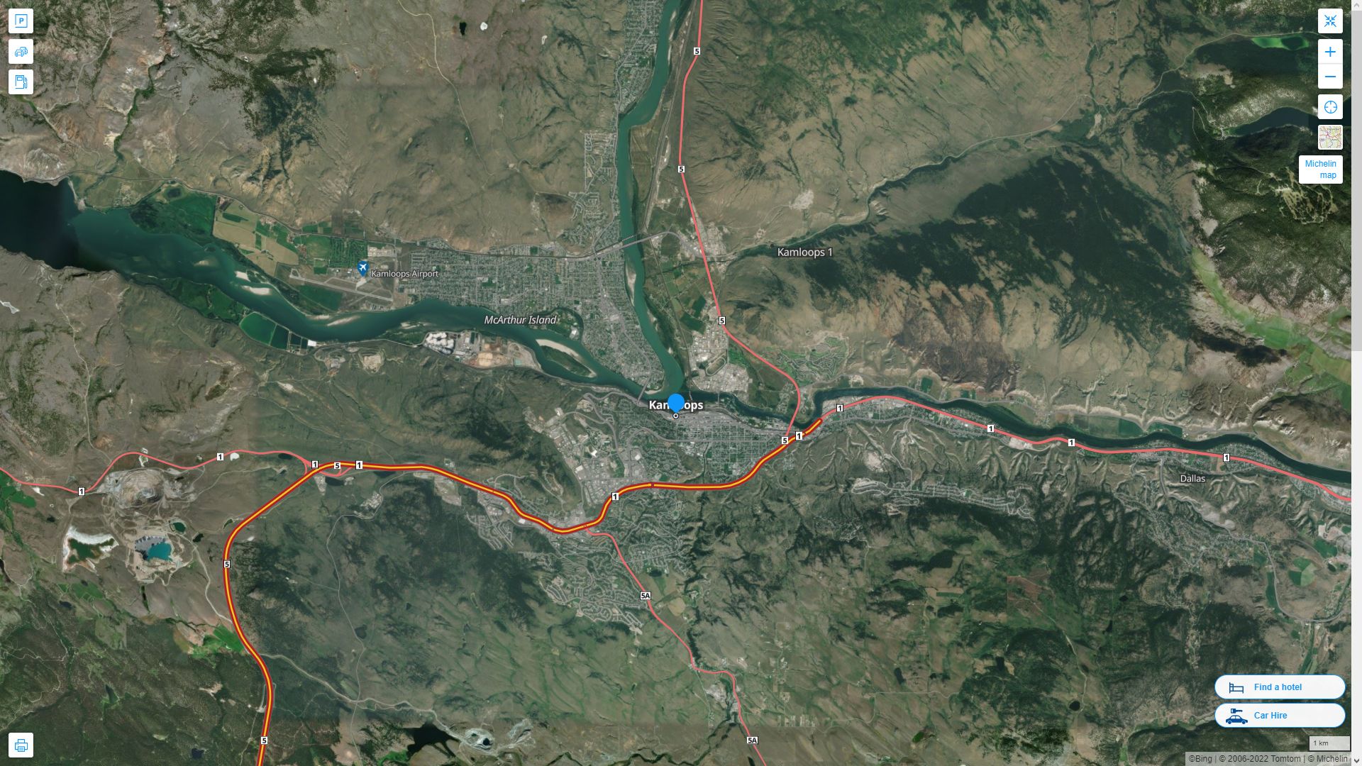 Kamloops Canada Autoroute et carte routiere avec vue satellite